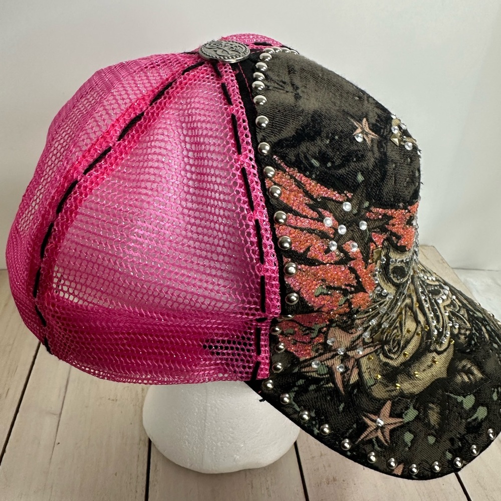 Women’s Stephanie Headwear snap back ball cap pink W/ cross & rhinestones - Picture 13 of 13